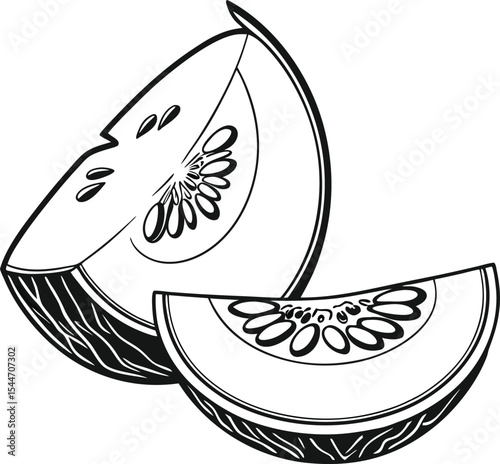 Hand-drawn vector fruit illustrations, including apple and banana, with a fish icon art design