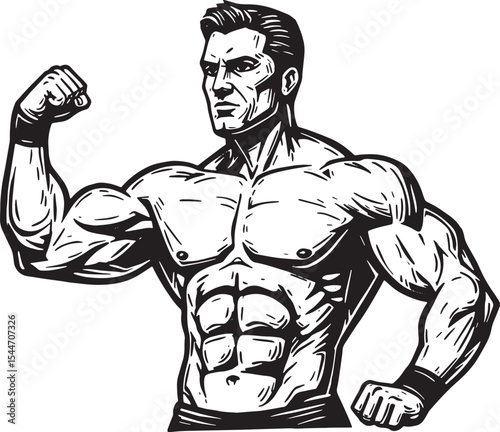 Illustration of a muscular man flexing his muscles in a black an