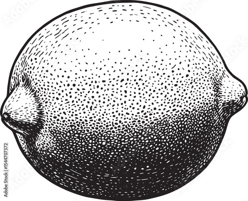 Detailed black and white illustration of a lemon fruit isolated