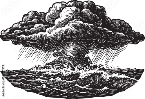 Engraved Illustration of a Stormy Ocean with Rain and Dark, Dram