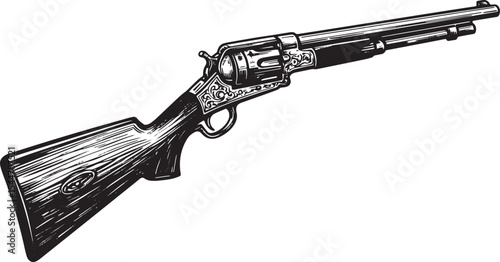 Detailed Black and White Illustration of a Vintage Rifle Against