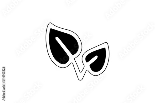 The image is a black and white vector icon of two simple leaves connected by a single stem.