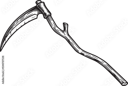 Detailed Black and White Scythe Illustration on White Background