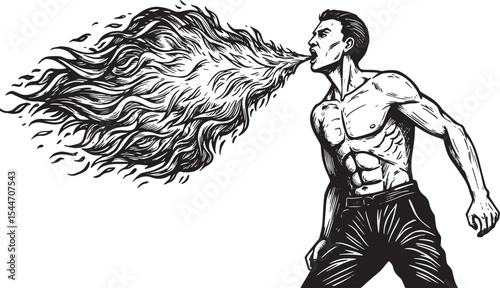 Intense Black and White Illustration of a Man Exhaling Fire with