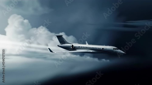 AI generated illustration of a private jet soars through a dramatic, stormy sky with lightning