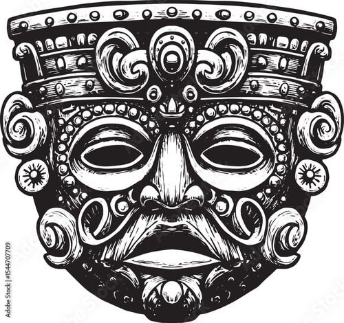 Intricate Black and White Illustration of an Ancient Tribal Mask