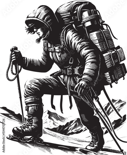 Monochromatic woodcut illustration of a determined female mounta