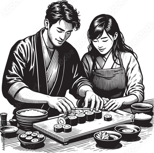 Couple bonding over creating delicious homemade sushi in a Japan