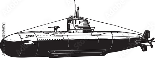 Detailed Black and White Illustration of a Submarine on White Ba