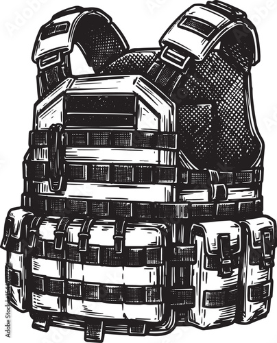 Detailed illustration of a tactical military body armor, black a