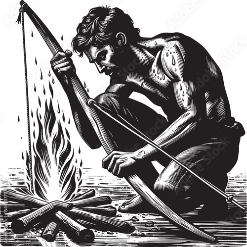 Survivalist creating fire using primitive bow drill technique in