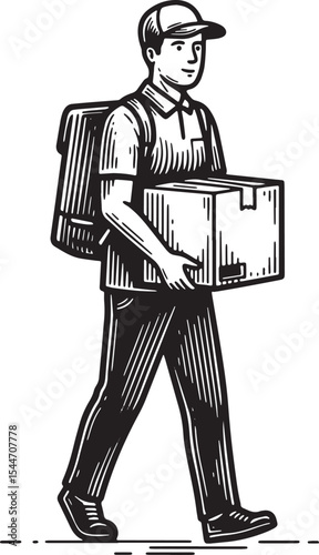 Delivery man walking with a parcel, vintage style illustration,