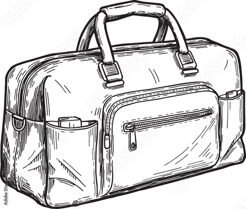 Hand-drawn illustration of a travel bag in black and white on a