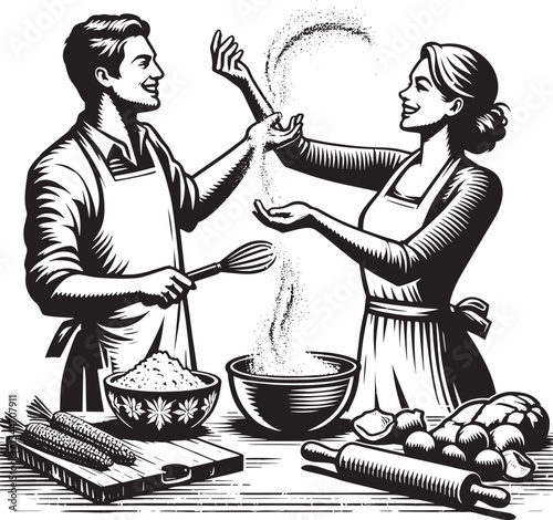 A couple joyfully baking and playing with flour in a vintage woo