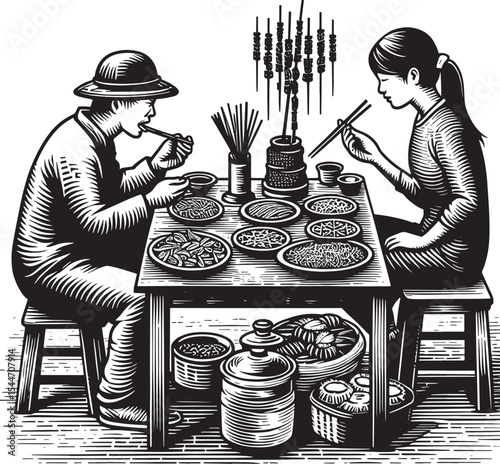 Illustration of a couple sharing a meal with black and white woo