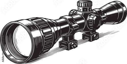 Monochrome Illustration of a Rifle Scope Isolated on a White Bac
