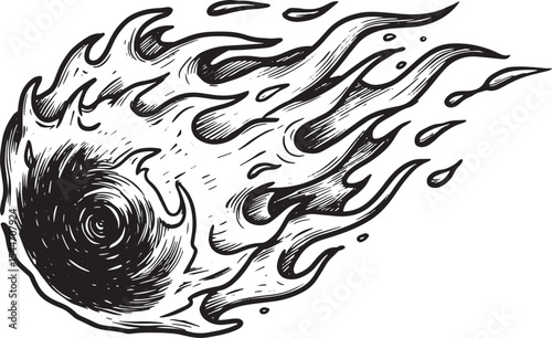 Illustration of a Meteor or Comet with a Fiery Trail in Black an
