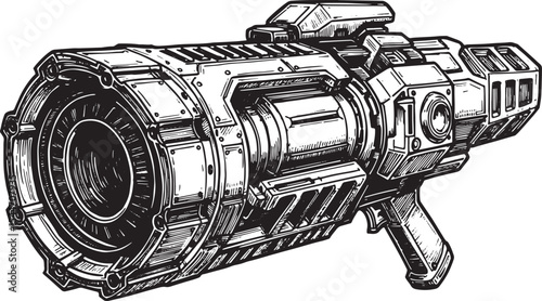 Detailed Line Art Illustration of a Futuristic Sci-Fi Weapon or