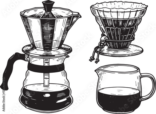 Detailed black and white illustration of coffee brewing equipmen