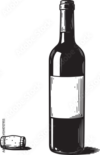 Monochrome Illustration of a Wine Bottle and Cork on a White Bac