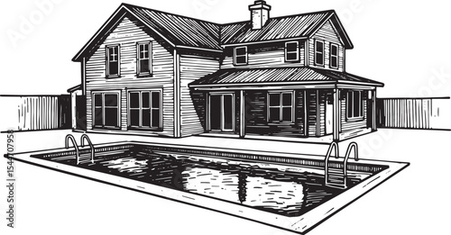 Detailed Black and White Drawing of a House with a Swimming Pool
