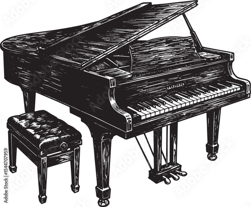 Vintage black and white illustration of a grand piano with a sto