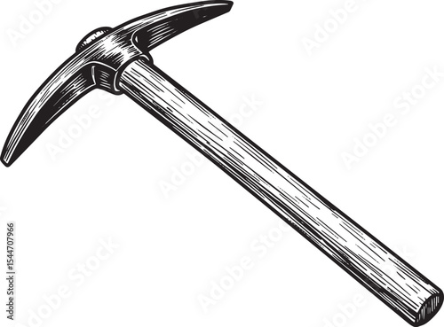 Detailed Engraved Illustration of a Pickaxe on White Background