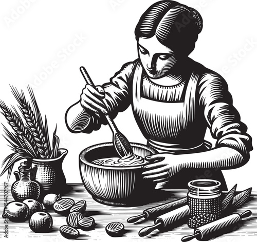 Vintage woodcut illustration of a woman preparing dough for baki