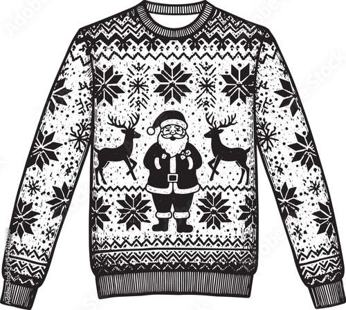 Christmas sweater design featuring Santa Claus, reindeers and sn