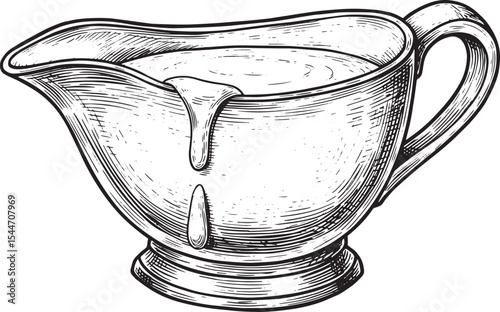 Vintage Illustration of a Gravy Boat Pouring Sauce Isolated on W