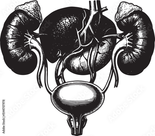 Vintage anatomical illustration of human kidneys and urinary sys