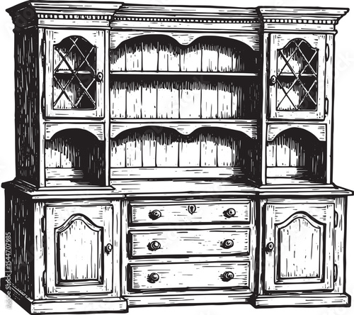Detailed vintage kitchen cabinet illustration, perfect for home