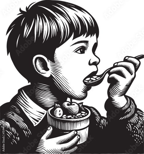 Monochrome rendition of a young boy savoring a fruit cup with ru