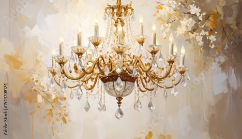 Elegant Gold Crystal Chandelier with Candles Lit Against a Soft Floral Background