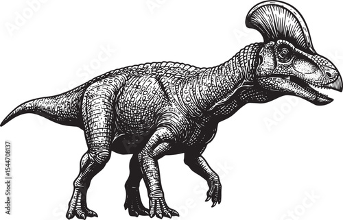 Detailed Black and White Illustration of a Parasaurolophus Dinos