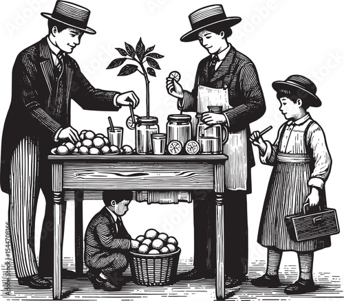 Monochrome depiction of a family running a vintage lemonade stan