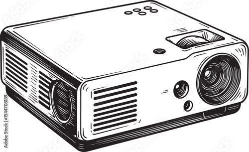 Detailed black and white illustration of a digital projector dev