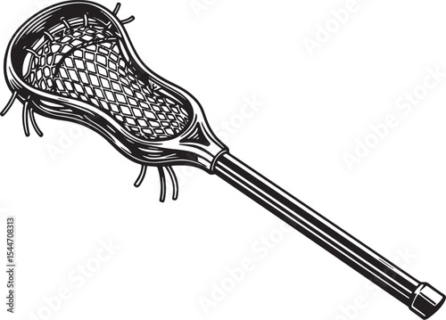 Vintage illustration of a lacrosse stick in black and white on a