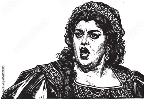 Illustration of a woman singing opera in an elaborate dress and