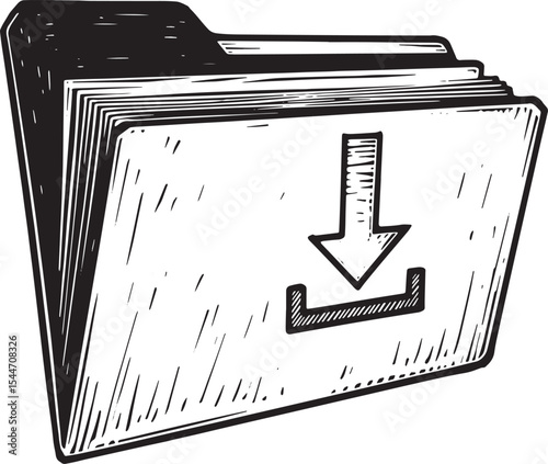 Hand-drawn illustration of a folder with a download arrow, a dig