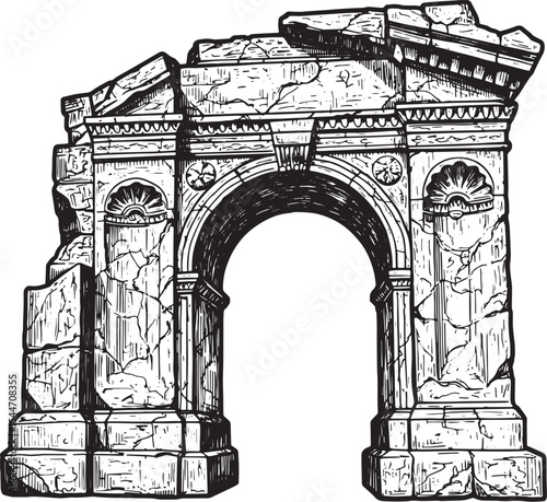Ancient Ruined Archway Illustration: A Detailed Black and White