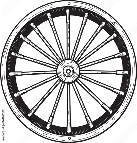 Detailed black and white illustration of a wooden wagon wheel on