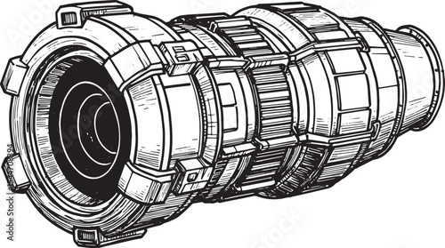Detailed black and white illustration of a futuristic cylindrica