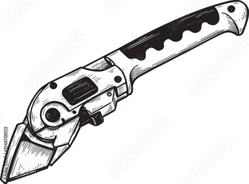 Detailed black and white illustration of a utility knife, isolat