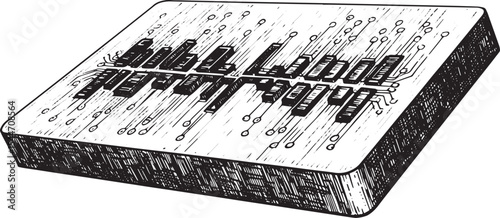Illustration of a Circuit Board with Abstract Bar Graphs and Dat