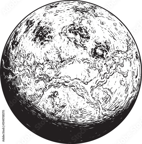 Detailed Black and White Illustration of a Planet Surface, Earth