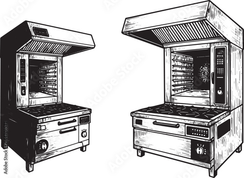 Detailed illustration of a commercial oven and stove for a kitch
