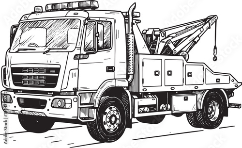 Detailed Black and White Illustration of a Tow Truck on a White