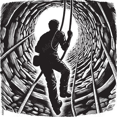 Descent into the Earth: A Woodcut Illustration of a Miner in a M