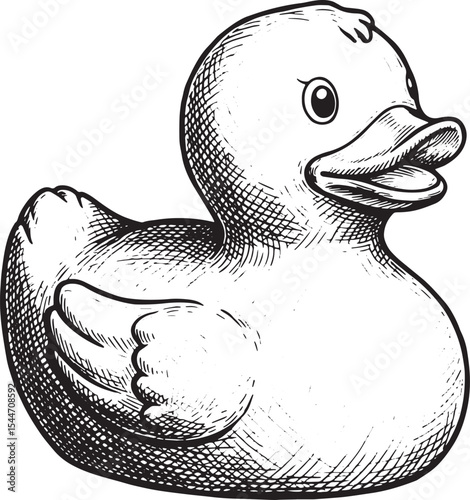 A detailed illustration of a rubber duck in black and white, per